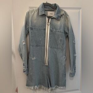 Pistola Light Blue Distressed Denim Jumpsuit with Front Zip Size S